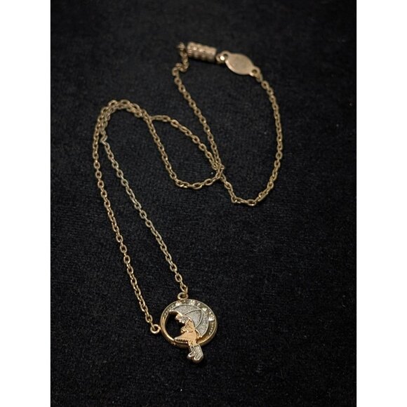 Vintage 1970s 1928 Morton Salt Girl Umbrella Gold Tone Necklace with Crystals - Picture 3 of 11